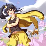  ahoge aodu_fumiyoshi araragi_karen asymmetrical_hair bakemonogatari bee black_hair blue_eyes bug camisole crossed_arms flower insect jacket jacket_on_shoulders midriff monogatari_(series) navel nisemonogatari petals shorts side_ponytail solo 