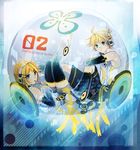  1girl aqua_eyes arm_warmers bad_id bad_pixiv_id blonde_hair blue_eyes brother_and_sister detached_sleeves hair_ornament hair_ribbon hairclip headphones in_container kagamine_len kagamine_len_(append) kagamine_rin kagamine_rin_(append) kumaru leg_warmers ribbon short_hair shorts siblings sitting smile twins vocaloid vocaloid_append 