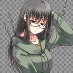 :&lt; black_hair checkered checkered_background collarbone glasses hood hood_down hoodie long_hair looking_at_viewer original solo translated upper_body ygo 