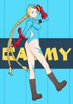  antenna_hair blonde_hair blue_eyes blue_leotard boots braid cammy_white elbow_gloves fingerless_gloves g-room_honten garrison_cap gloves hat leotard long_hair looking_back necktie solo street_fighter street_fighter_zero_(series) thong_leotard twin_braids very_long_hair 