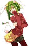  animal_ears bunny_ears bunny_tail casual character_name green_eyes green_hair gumi highres jpeg_artifacts kemonomimi_mode legwear_under_shorts pantyhose short_hair shorts simple_background solo t_miyanagi tail vocaloid white_background 