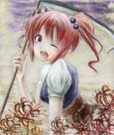  bad_id bad_pixiv_id hair_bobbles hair_ornament highres one_eye_closed onozuka_komachi open_mouth red_eyes red_hair scythe solo tomoichi touhou two_side_up 