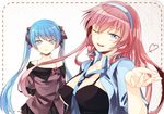  aqua_eyes aqua_hair bow breasts cleavage hair_bow hair_ribbon hairband hatsune_miku jyuru large_breasts long_hair looking_at_viewer megurine_luka multiple_girls one_eye_closed pink_hair ribbon smile twintails vocaloid 