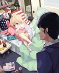  1girl american_flag anger_vein bad_id bad_pixiv_id barefoot bed blonde_hair book bottle brown_eyes can flag_print futaba_anzu handheld_game_console highres hug idolmaster idolmaster_cinderella_girls lamp long_hair lying messy_room on_side open_book pillow playstation_portable print_pillow producer_(idolmaster) soda_bottle soda_can stuffed_animal stuffed_bunny stuffed_toy yaguchiya_tomoshi 