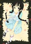  akiyama_mio black_eyes black_hair blush braid hair_over_shoulder hair_ribbon hand_on_own_knee k-on! k-on!_movie kneehighs long_hair mizuki_makoto petals ribbon shoes singing! smile sneakers solo twin_braids twintails white_legwear 