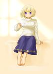  barefoot blonde_hair blue_eyes blush blush_stickers bob_cut breasts casual cup feet kasuga_yukihito large_breasts long_skirt phalanx_(sekaiju) sekaiju_no_meikyuu sekaiju_no_meikyuu_3 sitting skirt solo sweater teacup toes 