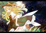  alitou alternate_hairstyle bad_id bad_pixiv_id black_dress blonde_hair bow braid cloud dress full_moon grass hair_ribbon hat hat_ribbon kirisame_marisa letterboxed long_hair moon night open_mouth ribbon smile solo star_(sky) touhou twin_braids witch_hat yellow_eyes 