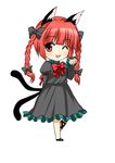  animal_ears arm_behind_back asahana_jun bad_id bad_pixiv_id bow braid cat_ears cat_tail chibi dress jpeg_artifacts kaenbyou_rin multiple_tails one_eye_closed open_mouth paw_pose red_eyes red_hair simple_background solo tail touhou twin_braids 
