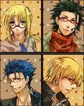  3boys ag_ss41 ahoge artoria_pendragon_(all) bad_id bad_pixiv_id bespectacled black_hair blonde_hair blue_hair casual earrings fate/stay_night fate/zero fate_(series) gilgamesh glasses jewelry lancer lancer_(fate/zero) multiple_boys ponytail saber scarf 
