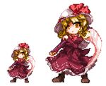  ayge blonde_hair boots dress elly hat lowres pixel_art red_dress scythe short_hair simple_background touhou touhou_(pc-98) white_background yellow_eyes 