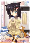  animal_ears bare_shoulders barefoot black_hair blue_eyes blush cat cat_ears cat_tail collar cooler drinking fish hair_ornament kitchen milk original oversized_clothes pot refrigerator rinku short_hair sitting solo sweater tail 