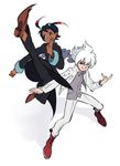  bad_id bad_pixiv_id black_hair blue_hair boots fighting_stance hair_ornament hakuryuu_(inazuma_eleven) high_kick inazuma_eleven_(series) inazuma_eleven_go jacket kicking long_hair multiple_boys okomeuma one_eye_closed pants pose red_eyes shirt short_hair shuu_(inazuma_eleven) smile white_hair 