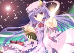  book bow breasts crescent dress francis_de_lariatte hair_bow hat long_hair patchouli_knowledge purple_eyes purple_hair small_breasts solo touhou 
