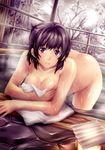  ass bent_over breasts cleavage collarbone covering covering_breasts highres large_breasts looking_at_viewer nagayori nude onsen original parted_lips purple_eyes purple_hair short_hair snow snowing solo steam towel water wet 