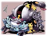  alternate_color bad_id bad_pixiv_id black_eyes creature eye_contact gameplay_mechanics gen_3_pokemon gen_4_pokemon kecleon looking_at_another lying magnet magnetism magnezone mano_(shampoohatter) mawile monster no_humans odd_one_out on_stomach pink_background pokemon pokemon_(creature) red_eyes registeel scarf sitting squiggle tongue v_arms 