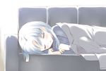  bad_id bad_pixiv_id blue_hair blush closed_eyes coat couch idolmaster idolmaster_(classic) kisaragi_chihaya komi_zumiko long_hair lying on_side sleeping solo sweater 