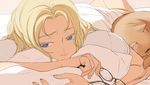  bed blonde_hair blue_eyes cat dc_comics glasses legs_up long_hair lying on_stomach ricken signature solo supergirl superman_(series) 