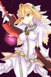  aestus_estus ahoge blonde_hair bodysuit breasts chain covered_nipples fate/extra fate/extra_ccc fate_(series) flower ginko_(nico) green_eyes impossible_clothes lock medium_breasts nero_claudius_(bride)_(fate) nero_claudius_(fate)_(all) padlock smile solo sword veil weapon zipper 