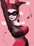  arms_up batman_(series) black_bodysuit blue_eyes bodysuit breasts dc_comics domino_mask english flower harley_quinn large_breasts mask one_eye_closed pink_background red_bodysuit ricken rose signature simple_background smile solo 