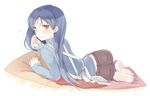  apron ass bad_id bad_pixiv_id barefoot blue_hair blush brown_eyes feet from_behind full_body idolmaster idolmaster_(classic) kisaragi_chihaya komi_zumiko long_hair looking_back lying on_side pants pillow simple_background sleepy soles solo 