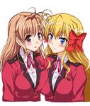  2girls blonde_hair blue_eyes blush bow bowtie breast_press breasts brown_eyes brown_hair casual embarrassed female fortune_arterial hair_ribbon incipient_kiss junu long_hair multiple_girls open_mouth ribbon school_uniform sendou_erika shy very_long_hair yuri yuuki_haruna 