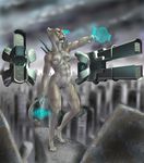  annoying_watermark breasts cannons catwarrior cheetah feline female hologram laser_cannons lion lioness mammal muscles muscular_female nude sci-fi solo standing tail watermark weapon 