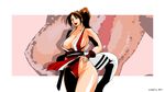  1girl bare_shoulders breasts brown_hair curvy edo_shigezu eromafia female highres hips huge_breasts japanese_clothes kimono king_of_fighters long_hair mound_of_venus open_mouth ponytail shiranui_mai snk solo standing wide_hips 