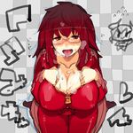  blush breasts chibi chibi_inset cleavage copyright_request drooling glasses heavy_breathing huge_breasts kneeling red_eyes red_hair saliva solo sweat teriyaki tongue zipper 