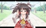  alternate_hairstyle ascot black_eyes black_hair blush detached_sleeves hair_ribbon hair_tubes hakurei_reimu hand_on_own_head ribbon short_hair solo touhou twintails yakumo_kuroo 