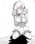  arms_behind_back bad_id bad_pixiv_id blood bound breasts corner drill_hair hair_ornament heavy_breathing hobbang injury kneeling magical_girl mahou_shoujo_madoka_magica medium_breasts monochrome no_hat no_headwear one_eye_closed ribbon solo spot_color thighhighs tied_up tomoe_mami torn_clothes twin_drills twintails 