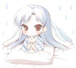  bad_id bad_pixiv_id blanket blue_hair brown_eyes face idolmaster idolmaster_(classic) kisaragi_chihaya komi_zumiko lying on_stomach pajamas pillow rain smile solo teruterubouzu younger 