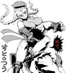  1girl antenna_hair arm_wrap bare_shoulders battle beret boots braid breasts cammy_white dougi duel fingerless_gloves gloves hachimaki hat headband headlock large_breasts leotard long_hair monochrome nonjake oekaki ryuu_(street_fighter) sleeveless street_fighter translation_request triangle_choke twin_braids wrestling 