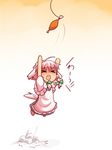  &gt;_&lt; akisame_ruu animal_ears apron arms_up blue_dress boned_meat braid chibi closed_eyes dog_ears dog_tail dress fang fishing_line food hair_ribbon inu_sakuya izayoi_sakuya jumping kemonomimi_mode maid maid_headdress meat open_mouth pink_hair ribbon solo tail touhou twin_braids 