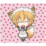  :d alternate_costume animal_ears apron black_dress black_legwear blonde_hair blush chibi child closed_eyes dekasudachin dress enmaided fang fox_ears fox_tail maid maid_headdress necktie open_mouth short_hair smile solo tail thighhighs touhou yakumo_ran zettai_ryouiki 