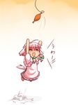  &gt;_&lt; akisame_ruu animal_ears apron arms_up blue_dress boned_meat braid chibi closed_eyes dog_ears dog_tail dress fang fishing_line food hair_ribbon inu_sakuya izayoi_sakuya jumping kemonomimi_mode maid meat open_mouth pink_hair ribbon solo tail tears touhou twin_braids 