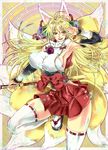  1girl animal_ears armpits blonde blonde_hair breasts curvy feet female fox_ears fox_tail huge_breasts izuna_(shinrabanshou) japanese_clothes legs long_hair multiple_tails red_eyes shinrabansho shinrabanshou sideboob skirt smile solo standing sword tail thighhighs thighs weapon white_legwear white_thighhighs yamaneko 