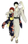  1girl alcohol beer black_hair blush brown_hair can closed_eyes drunk feet happy height_difference izumi_noa japanese_clothes kidou_keisatsu_patlabor kimono niwa sandals shinohara_asuma short_hair simple_background smile toes white_background 