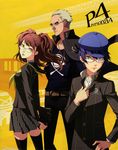  2girls absurdres androgynous arms_behind_back black_legwear blue_eyes blue_hair brown_eyes cabbie_hat ear_piercing earrings glasses grey_hair hand_on_hip hat highres jacket jewelry kujikawa_rise long_hair looking_back multiple_girls necklace official_art open_clothes open_jacket persona persona_4 piercing red_hair reverse_trap scar school_uniform shirogane_naoto short_hair skirt smile sogabe_shuuji tatsumi_kanji thighhighs twintails 