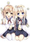  2girls alice_schuberg arms asuna_(sao) black_skirt blazer blonde_hair blue_eyes blue_jacket braid brown_eyes brown_hair flower french_braid hair_intakes hairband half_updo jacket long_hair looking_at_viewer multiple_girls open_mouth pov red_ribbon ribbon school_uniform seiza shirt simple_background sitting skirt smile sword_art_online thighhighs very_long_hair watsuki_ayamo white_background white_legwear white_shirt 