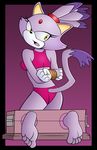  blaze_the_cat bondage bound bra cat chem-halo feline female fur gloves hair looking_back mammal panties ponytail purple purple_background purple_body purple_fur purple_hair red_underwear sega solo sonic_(series) stocks tail underwear yellow_eyes 