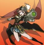  1girl :d armalite_armor_penetrating_beam_gun bad_id bad_pixiv_id beam_gun belt blue_eyes cape cravat epaulettes foreshortening gun hair_ornament hairclip handgun hat hat_feather katou_marika kiarino long_hair miniskirt miniskirt_pirates open_mouth pink_hair pirate pirate_hat rapier skirt skull_and_crossbones smile solo sword weapon 