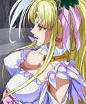  aphrodite_(suite_precure) blonde_hair breasts choker cleavage detached_collar detached_sleeves dress empty_eyes expressionless eyelashes frilled_dress frills from_above hair_ornament hair_ribbon haruyama_kazunori large_breasts long_hair precure profile queen ribbon solo suite_precure white_dress 