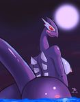  big_breasts big_butt blush breasts butt female huge huge_breasts huge_butt kiss_mark looking_at_viewer looking_back looking_behind night nintendo nipples pok&#233;mon pok&#233;morph pok&eacute;mon presenting purple purple_body purple_theme shadow_lugia solo ticklishways video_games water zp92 