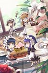  &gt;_&lt; ahoge apron artist_request bangs black_hair blue_eyes blue_hair blunt_bangs bow bowl brown_hair chibi chief_maid closed_eyes cup dress flower fork frilled_dress frills glasses holding holding_fork leaf lowres maid maid_headdress mary_janes minigirl multiple_girls new_maid open_mouth orchid plaid plate pointing purple_hair ribbon shoes smile sparkle standing star sugar_cube sunflower swept_bangs sword_girls teacup teeth vase window 