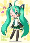  ahoge blush chibi detached_sleeves eighth_note fang green_eyes green_hair hatomugi_(mamotan) hatsune_miku headphones headset heart heart-shaped_pupils long_hair musical_note necktie one_eye_closed open_mouth skirt solo symbol-shaped_pupils thighhighs twintails very_long_hair vocaloid 