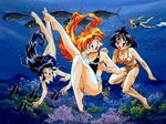  4girls amelia_wil_tesla_seyruun arm arms barefoot bikini black_eyes black_hair blonde_hair breasts cameltoe coral dive diving earrings female fish freediving genderswap gourry_gabriev hand_on_shoulder happy jewelry legs lina_inverse long_hair looking_back multiple_girls ocean official_art one-piece_swimsuit open_mouth orange_hair polearm purple_hair red_eyes short_hair slayers smile spear swimsuit sylphiel_nels_lahda trident underwater very_long_hair water weapon 