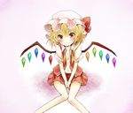  ascot bad_id bad_pixiv_id between_legs blonde_hair blush bow breasts cleavage flandre_scarlet hand_between_legs hat highres knees_together_feet_apart knees_touching mugi_(banban53) navel open_clothes open_shirt red_eyes ribbon shirt short_hair side_ponytail sitting skirt small_breasts smile solo touhou wings 
