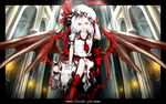  arcade_(architecture) arm_up ascot bat_wings boots bow chain dress fangs frame fujinohara_akihira hand_on_headwear hat hat_bow hat_ribbon open_mouth pillar red_eyes remilia_scarlet ribbon sash short_hair silver_hair slit_pupils smile solo torch touhou white_dress wings wristband 