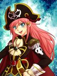  :d bad_id bad_pixiv_id belt blue_eyes cape cravat epaulettes eyelashes hair_ornament hairclip hand_on_hip hat hat_feather katou_marika long_hair miniskirt_pirates open_mouth pink_hair pirate pirate_hat rapier roouii signature skull skull_and_crossbones smile solo sword weapon 