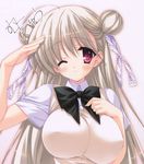  ;) absurdres blush breasts copyright_request covered_nipples double_bun hair_ribbon highres impossible_clothes impossible_vest large_breasts long_hair munyuu one_eye_closed purple_eyes ribbon salute silver_hair smile solo 